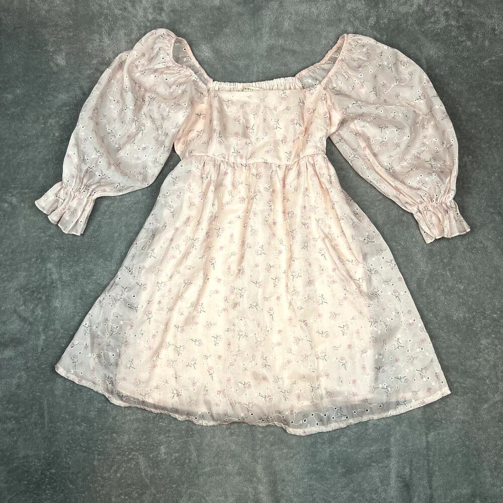 Thirty/Thirty LA Mini Dress Womens S Babydoll Pink Floral Puff Sleeve Coquette